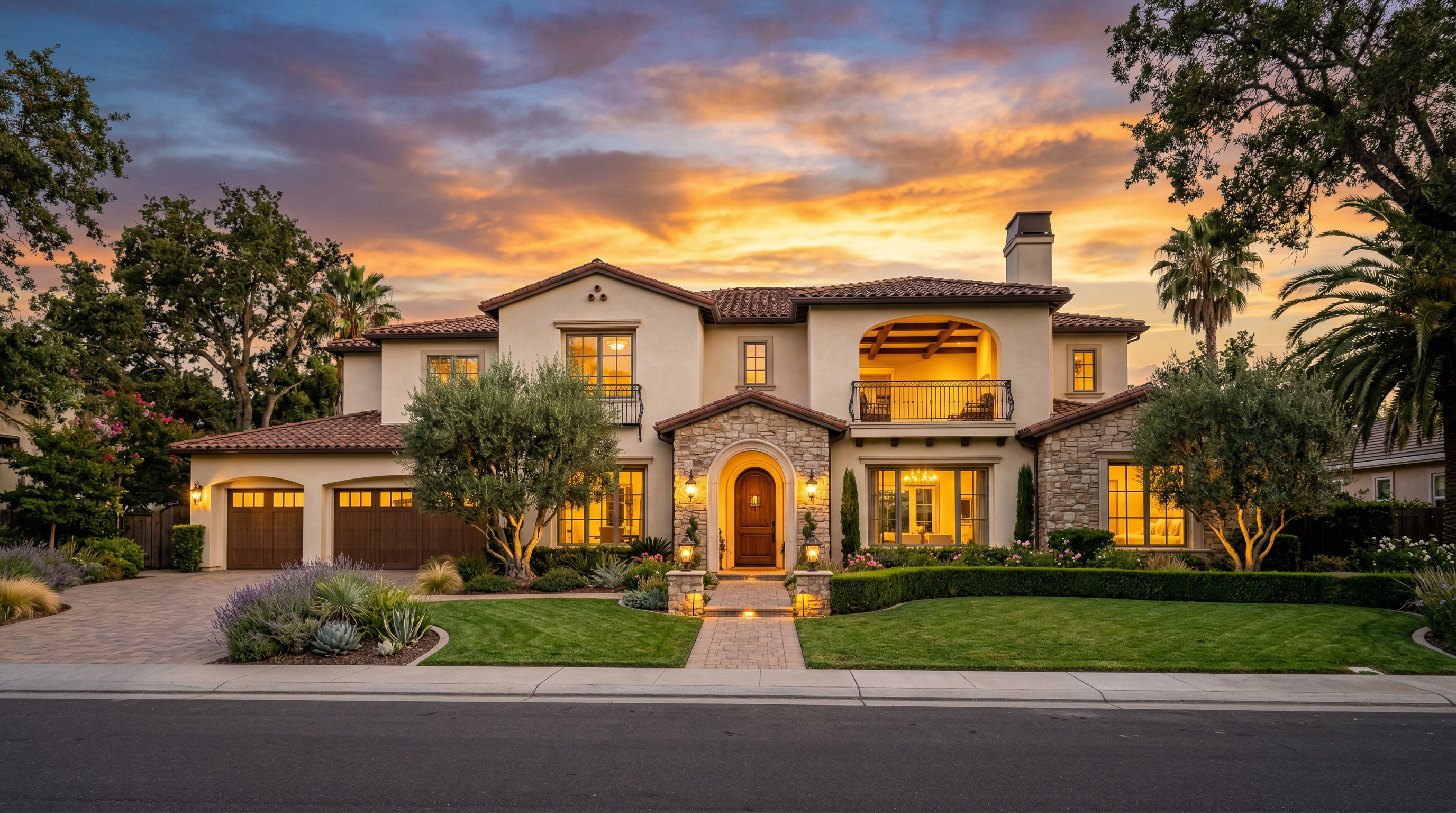 Beautiful custom-built Mediterranean style home at dusk in Sacramento, California