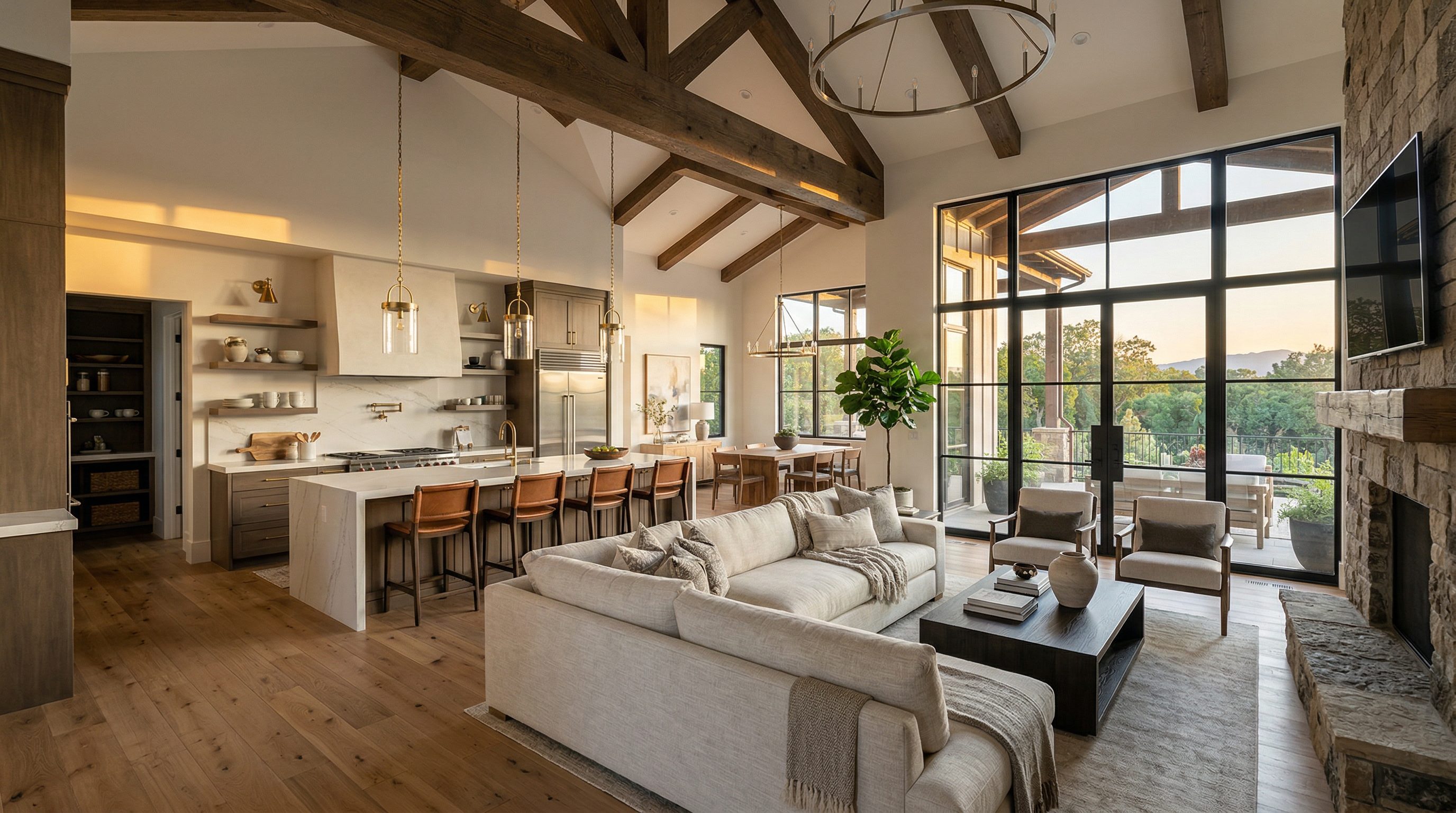 Custom home interior with exposed beams, stone fireplace and floor-to-ceiling windows