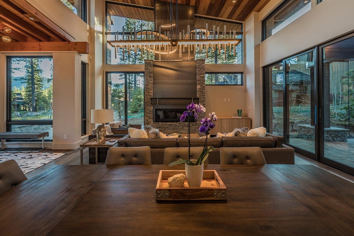 Open-concept living room with mountain views in Truckee, California
